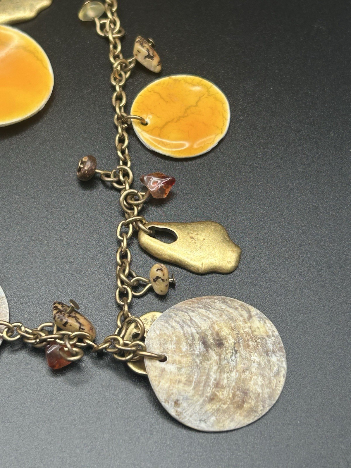 Coldwater Creek Orange Enamel Disc Shell Long Chain Station Charm Necklace Boho