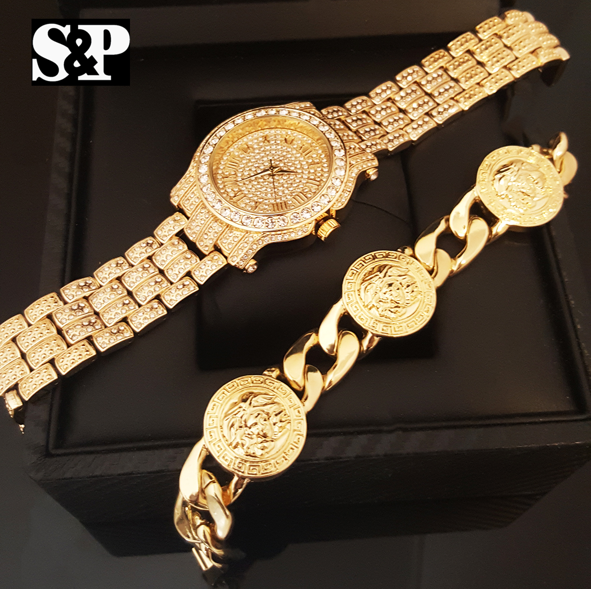 Men Iced Watch & Medusa Head Medallion Cuban Necklace & Bracelet Combo Set