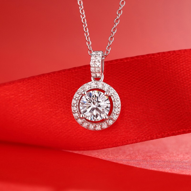 Moissanite Halo Circle Wedding Necklace in Sterling Silver