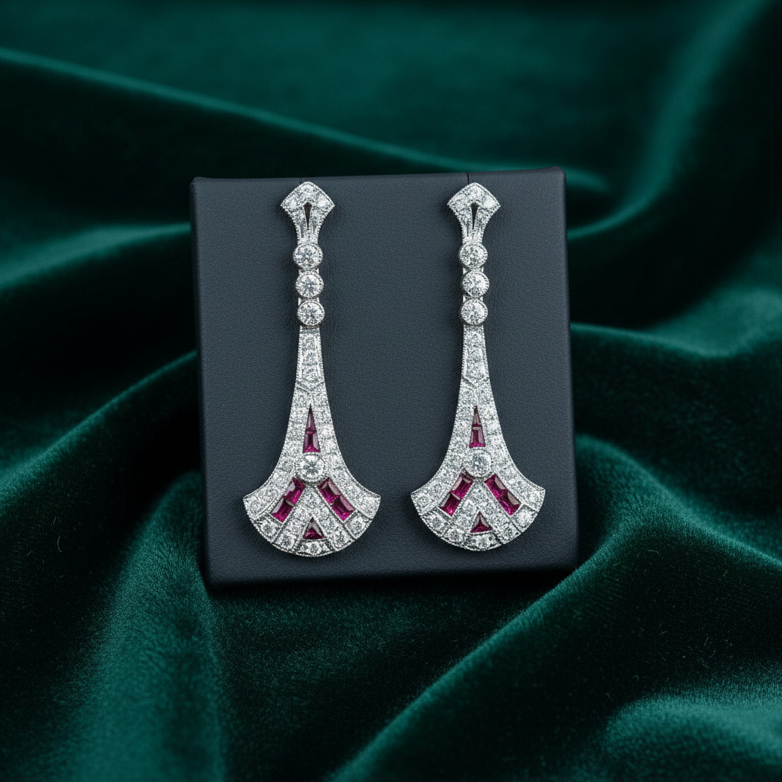 Pink Baguette & Round Simulated Diamond 14K Gold Art Deco Dangle Drop Earrings