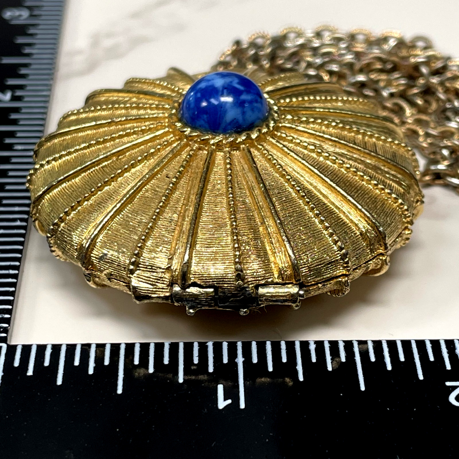 Vintage ESTEE LAUDER Signed Perfume Locket w/LAPIS LAZULI Blue Glass Stone 24″