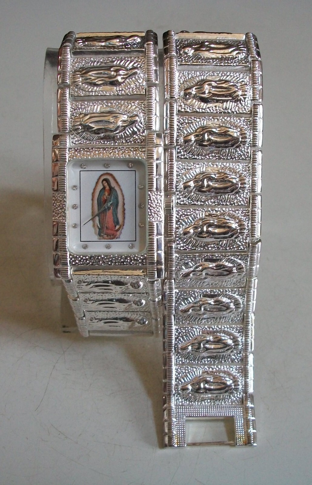 MEN’S SILVER FINISH NUGGET STYLE VIRGIN MARY GUADALUPE WATCH OR BRACELET SET