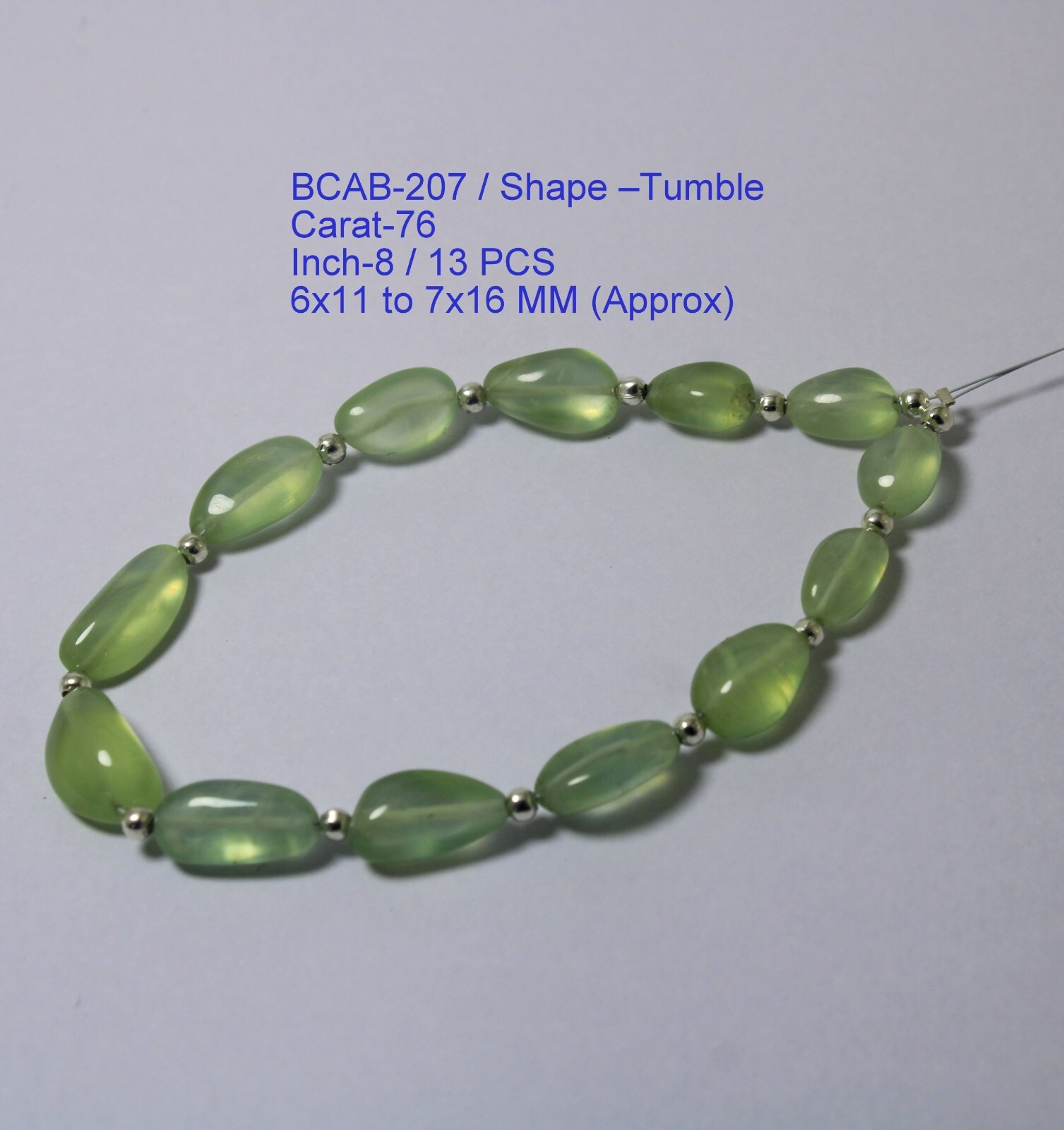 76 Ct 6×11 to 7×16 MM Natural Light Green Smooth Tumble 8 Inch Necklace