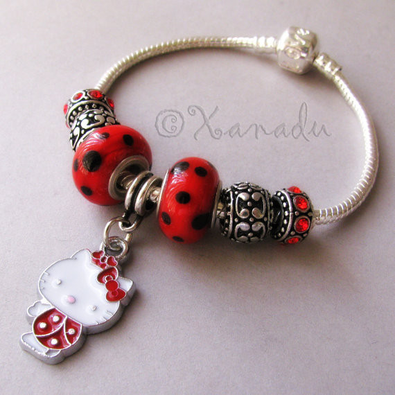 Red Hello Kitty Ladybug European Charm Bracelet With Black And Red Beads