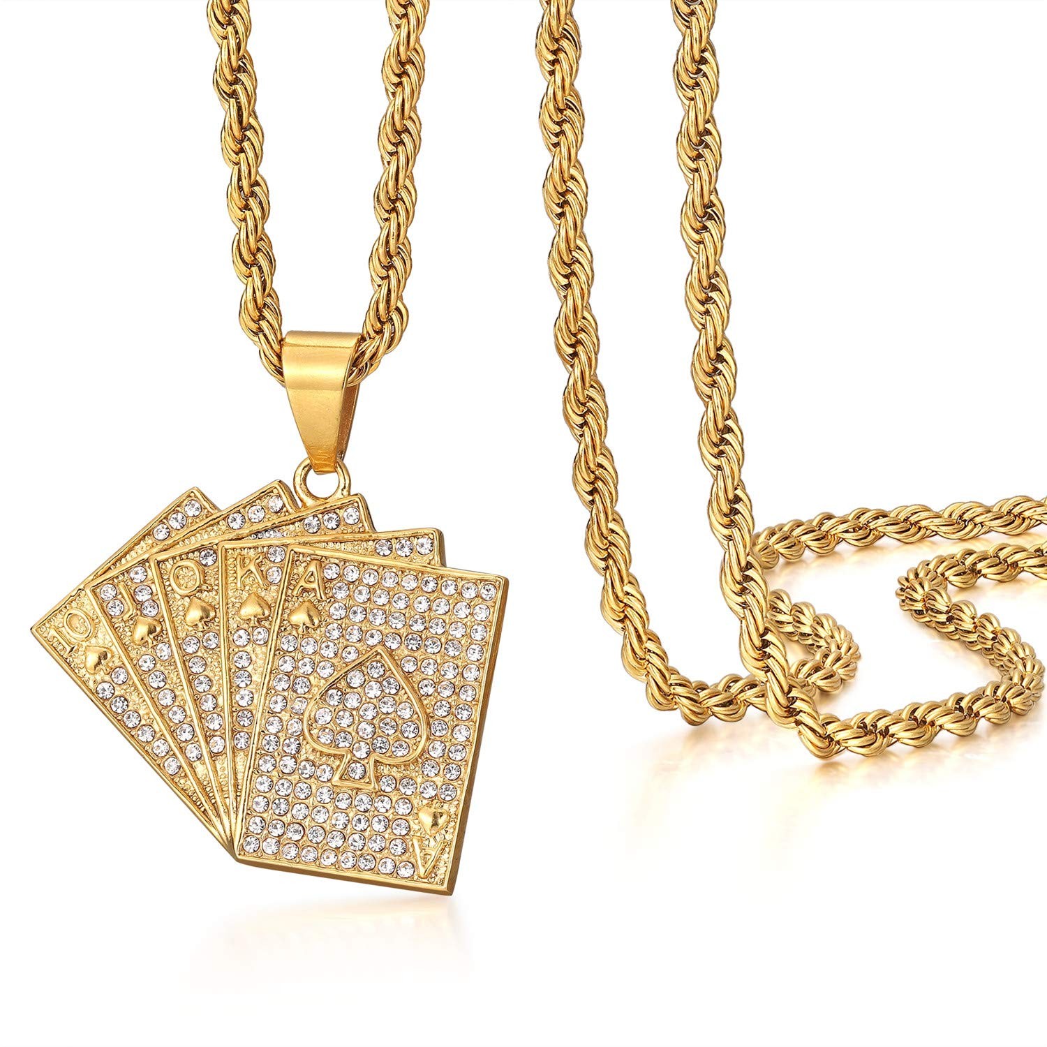 ROWIN&CO Hip Hop Poker Card Necklace Men Women Cubic Zirconia Gold Faux Diamo…