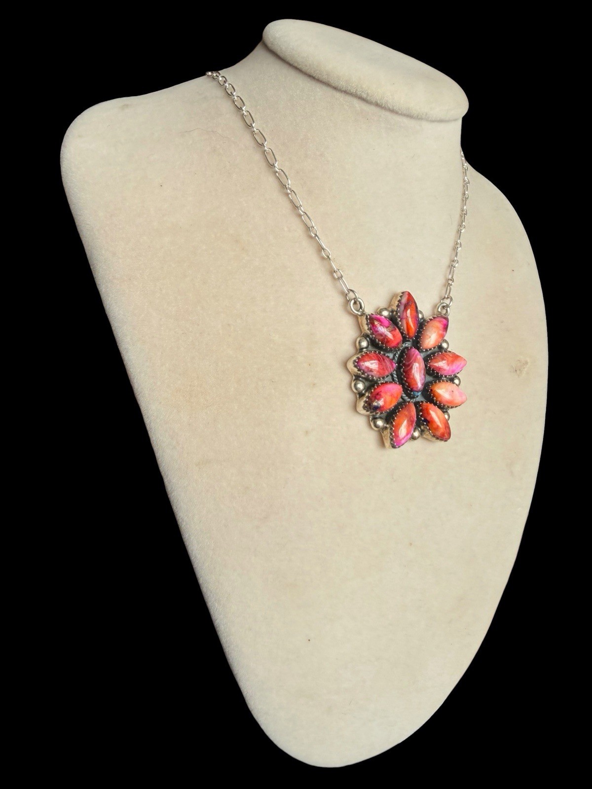 BEAUTIFUL SOUTHWEST STERLING SILVER DAHLIA ROSE TURQUOISE STONE FLOWER NECKLACE