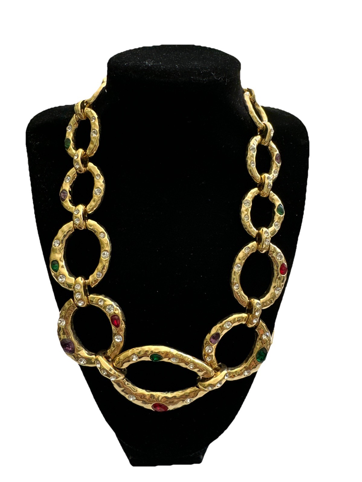 Vintage Chunky Open Link Gold Tone Multicolor Rhinestone 117g 18” Scaasi?