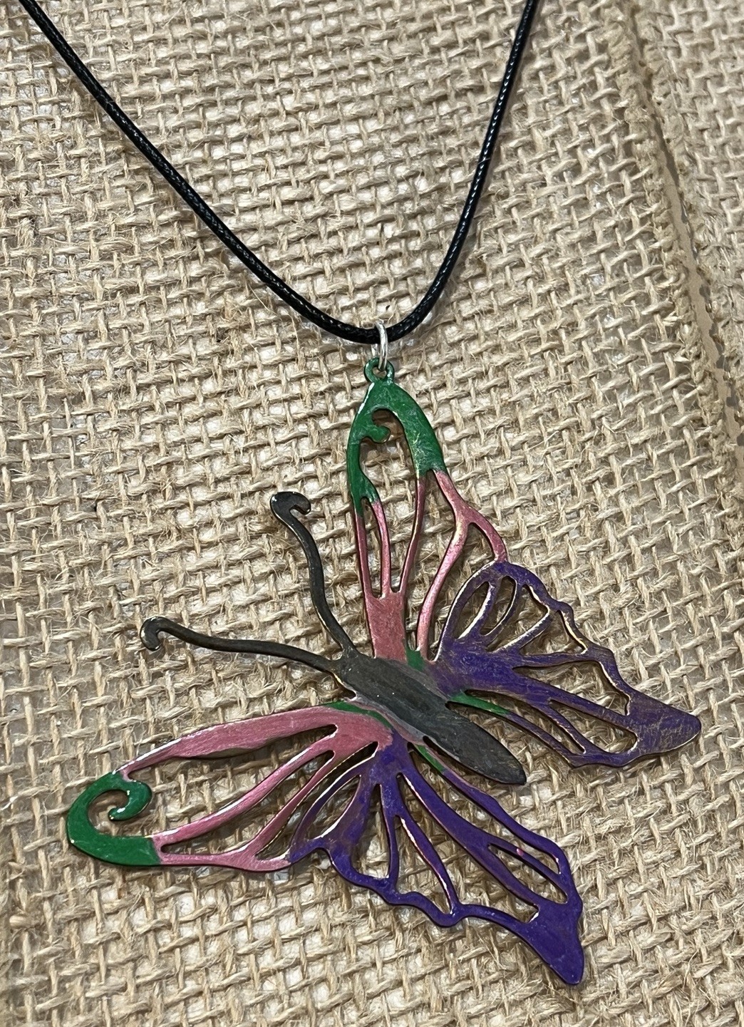 Hand-painted Large Brass Butterfly Pendant Necklace Multicolor Fairycore
