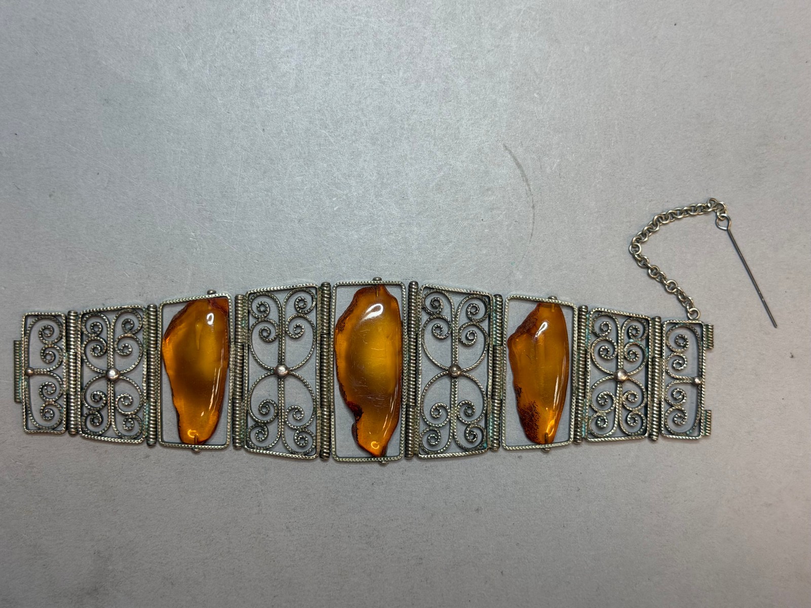 Vintage Soviet USSR Filigree Melchior Panel Bracelet Baltic Amber Honey Cognac