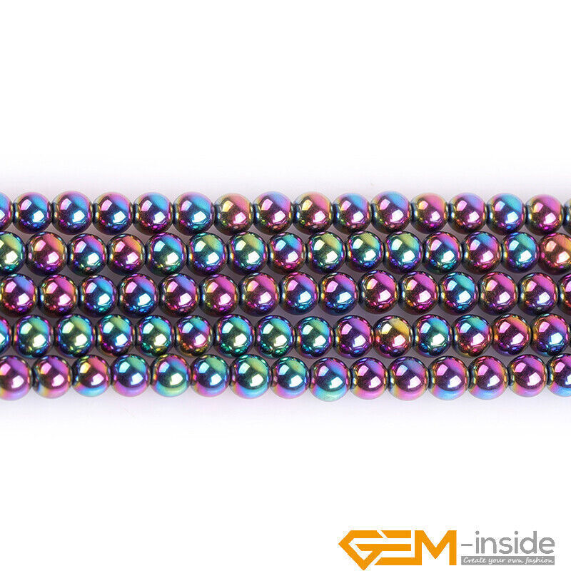 Rainbow Metallic Coated Reflections Hematite Round Spacer Beads 15″Bulk 2mm-12mm
