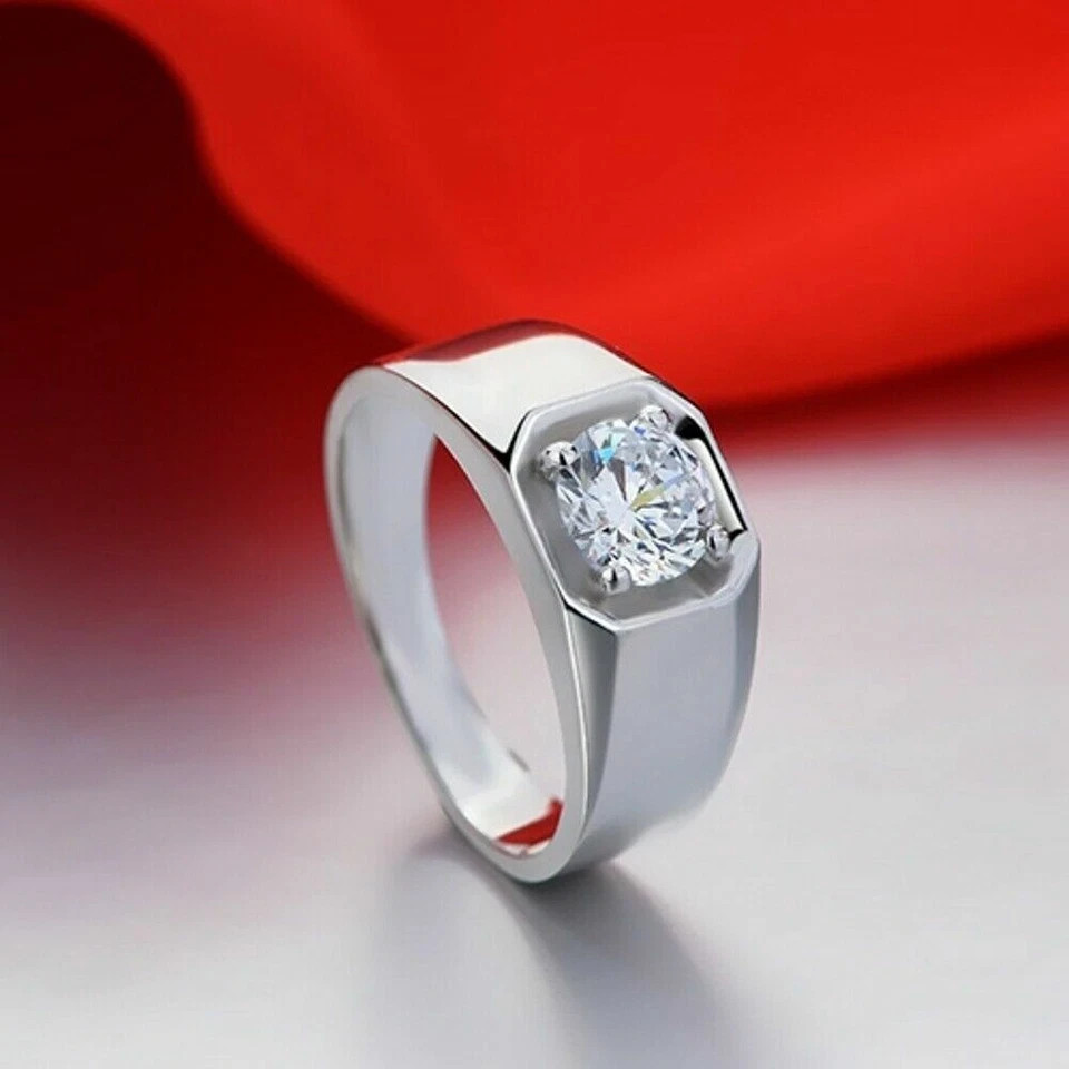 Solitaire Men’S Engagement Ring 1 Ct Round Cut Lab Created 14k White Gold Plated