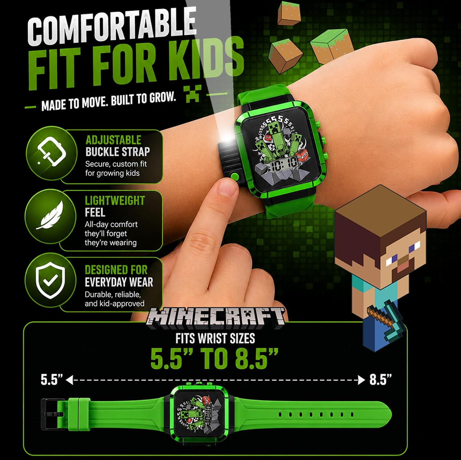 Minecraft Kids LCD Flashlight Watch with Creeper Graphic – Digital Display, Ligh