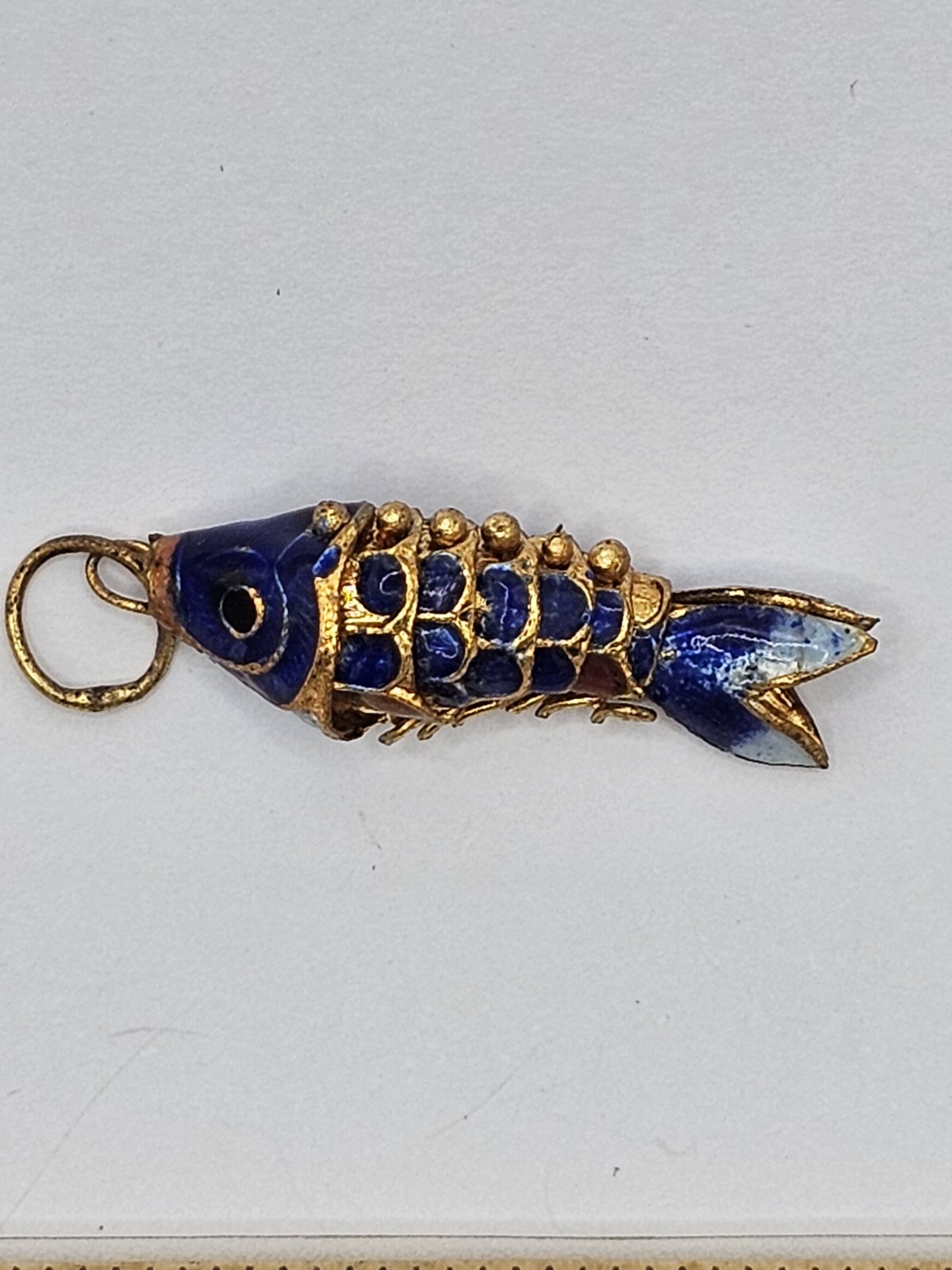 Lovely Vintage Chinese Articulated Blue Koi Fish Charm In Gold Plate & Enamel