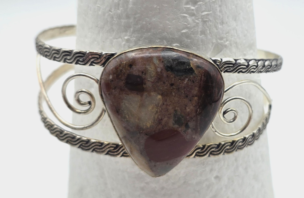 Natural Polychrome Jasper Teardrop Cuff Bracelet 8.25″ Silver Tone Boho