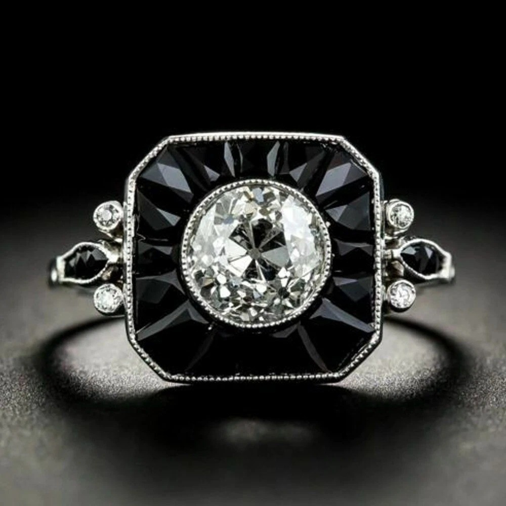 Art Deco Vintage Round Lab Created Diamond & Onyx Engagement Ring In 925 Silver