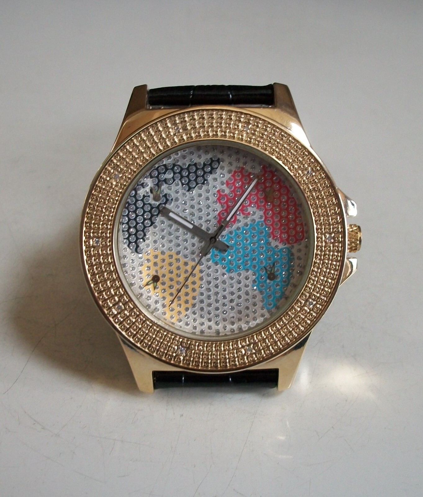 Men’s World Map Casual Gold Finish Black Leather Band Fashion Hip Hop Watch
