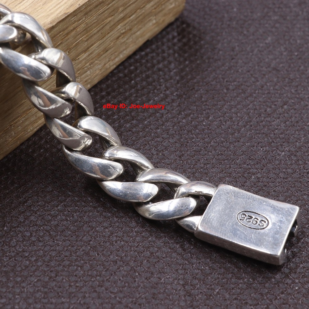 Real 925 Sterling Silver Men’s Bracelet 10mm Curb Link Chain Bracelet 8.26inch