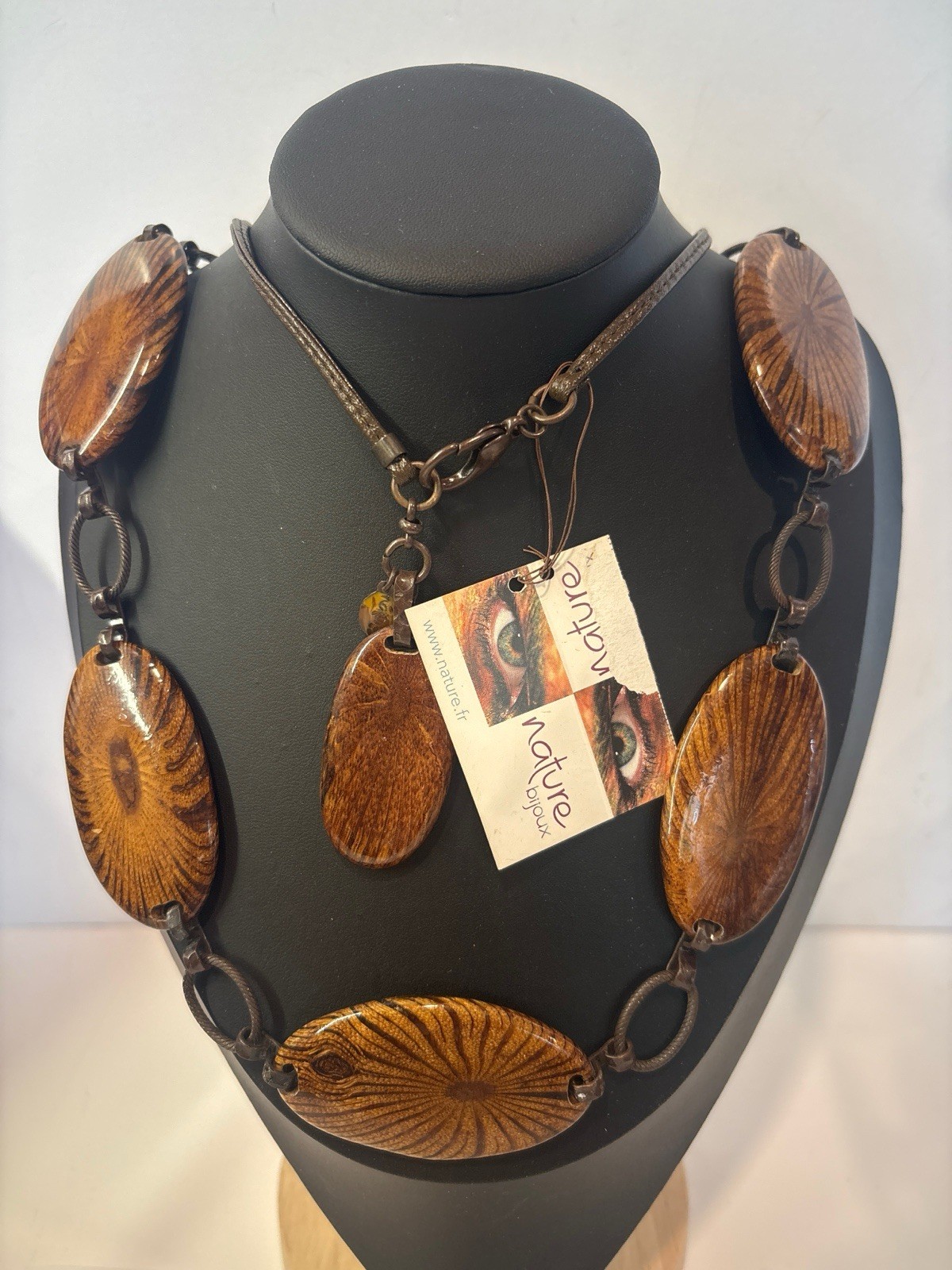 NATURE BIJOUX France 42″ Long Statement Necklace Brown Tagua Nut & Organic Wood