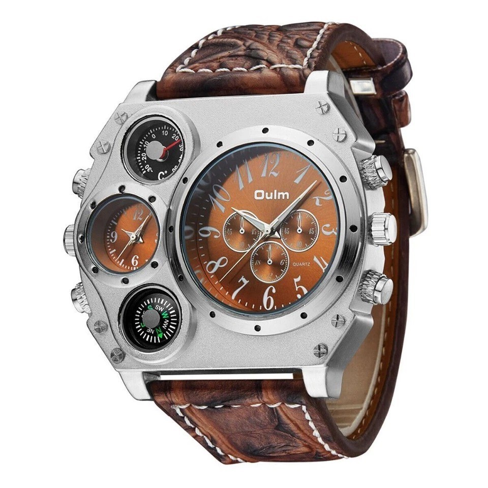 Two Time Zones Men Army Sports Fashion Big Dial Leather Strap Quartz Wrist Watch