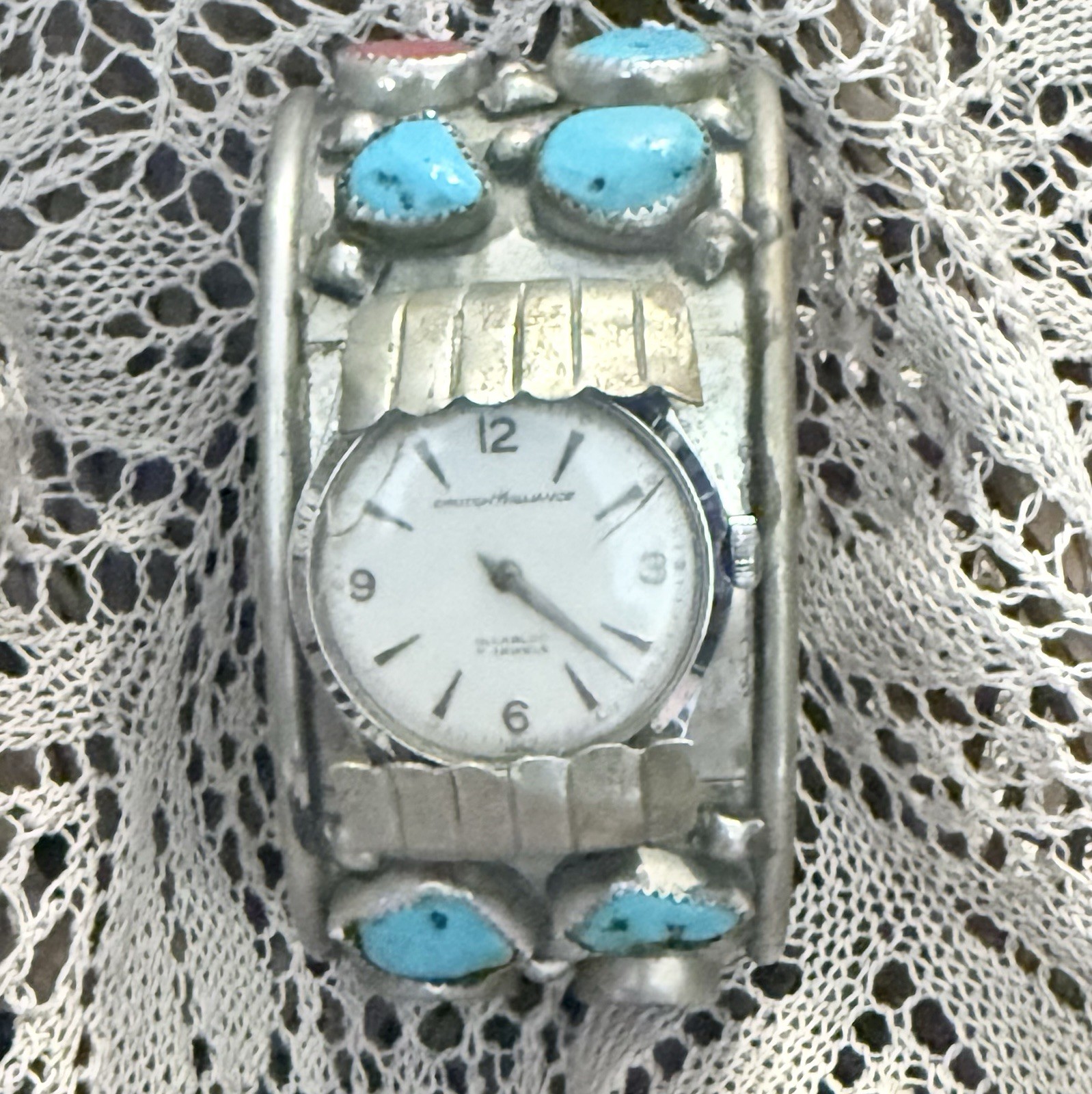 Vintage Navajo Men’s Sterling Silver Turquoise Coral Watch Cuff Croton Runs