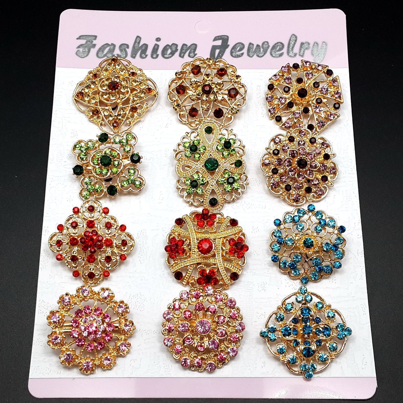Lot 24 pc Mixed Vintage Style Golden Rhinestone Crystal Brooch Pin DIY Bouquet