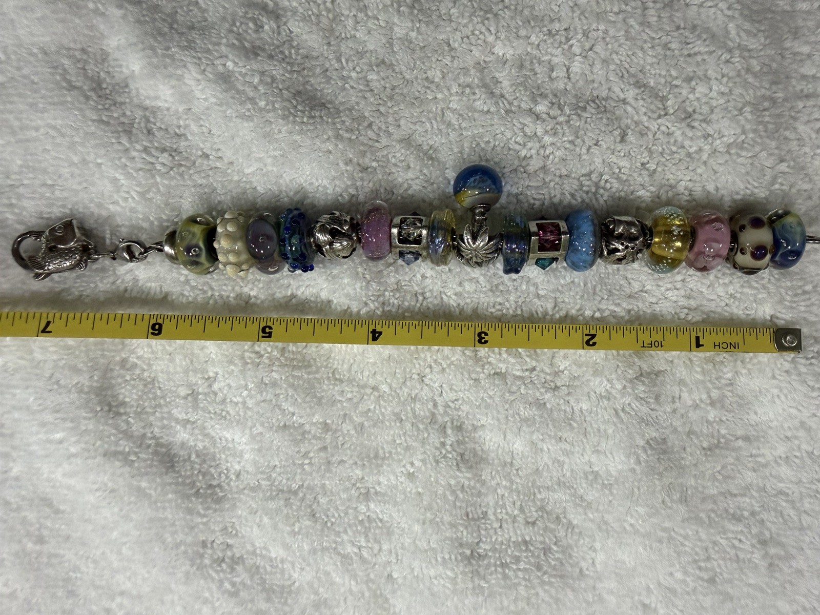 Trollbeads SS 7.5 inch Charm Bracelet with 17 Retired Charms in Blues & Pinks