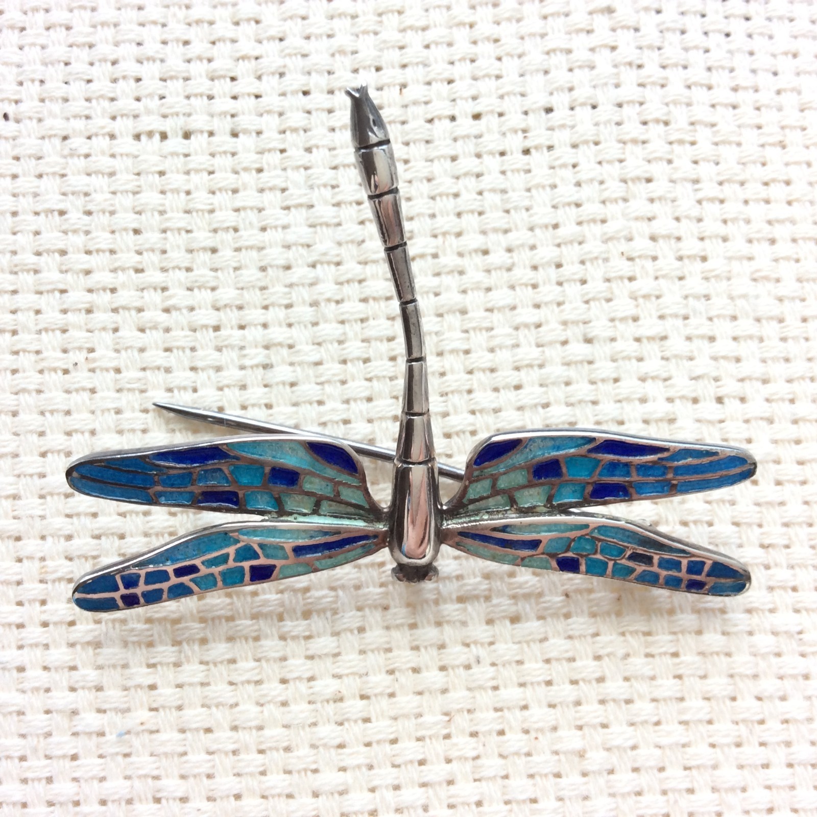 Arior dragonfly brooch pendant – Silver – Enamel Blue Mosaic – 5cm/2in – Boxed