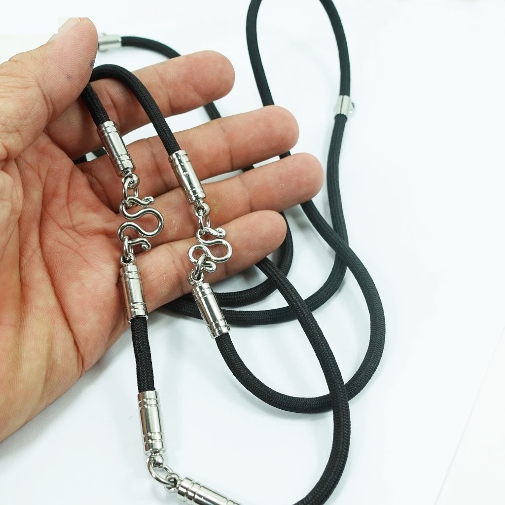 L3 Necklace Black Rope 4 mm Stainless Steel 1 – 9 Hook Thai Buddha Amulet LP