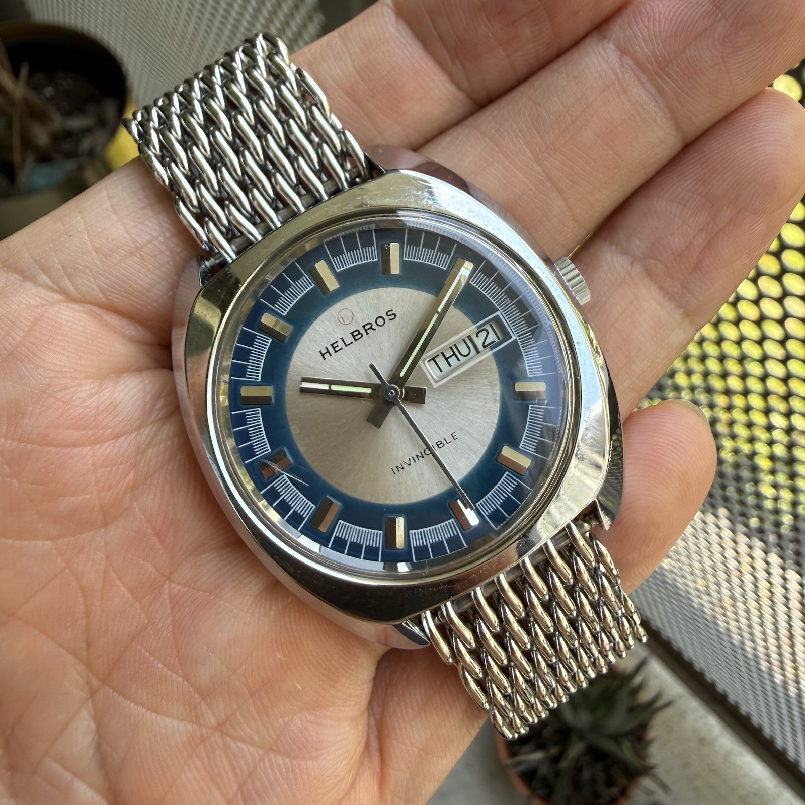 Vintage Helbros Invincible Day Date Stainless Steel Silver Blue Dial Men’s Watch