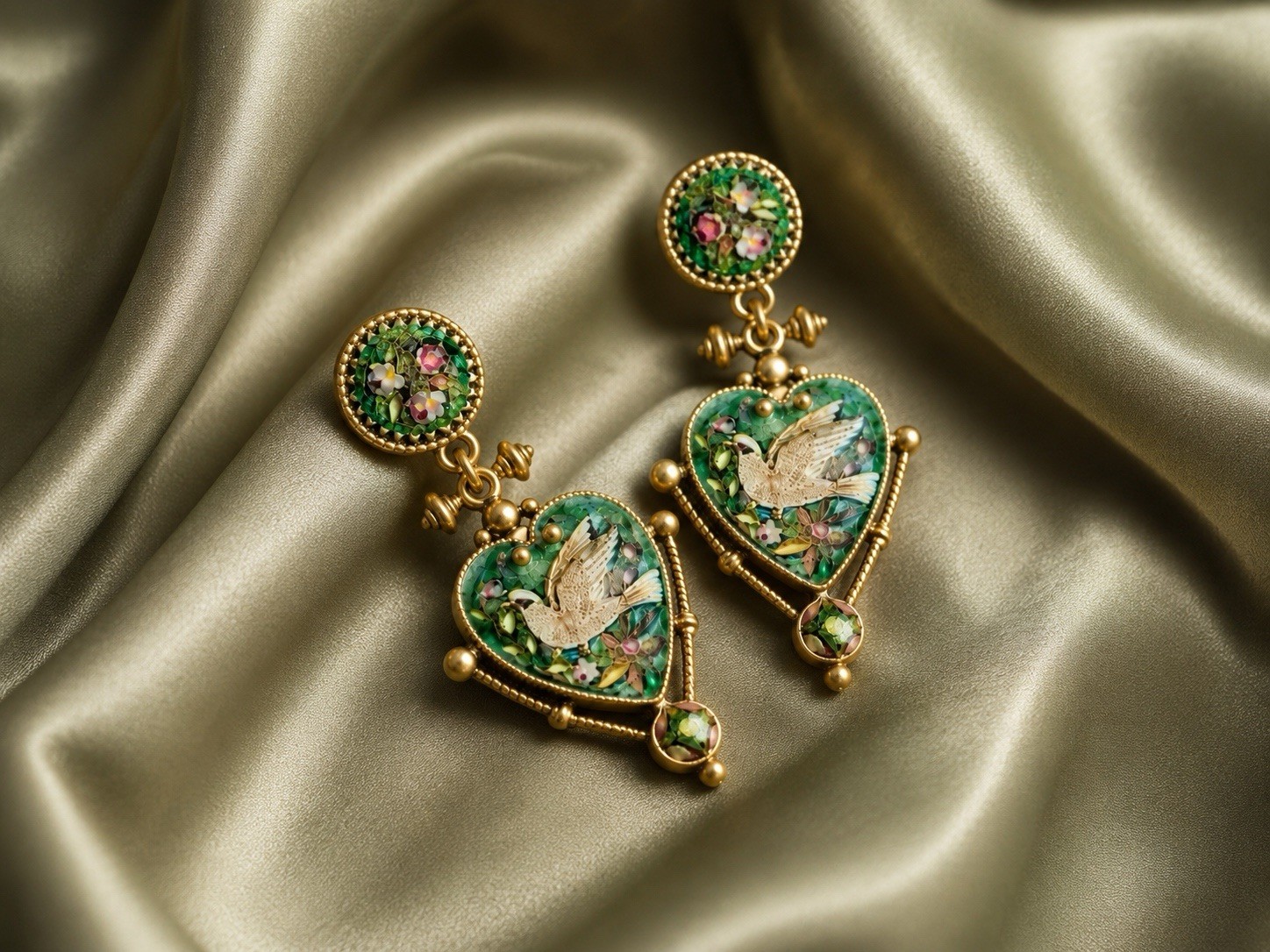 Museum Bird Dove Earrings Heart Ornate Flower VTG Palace Gold Court Love Green
