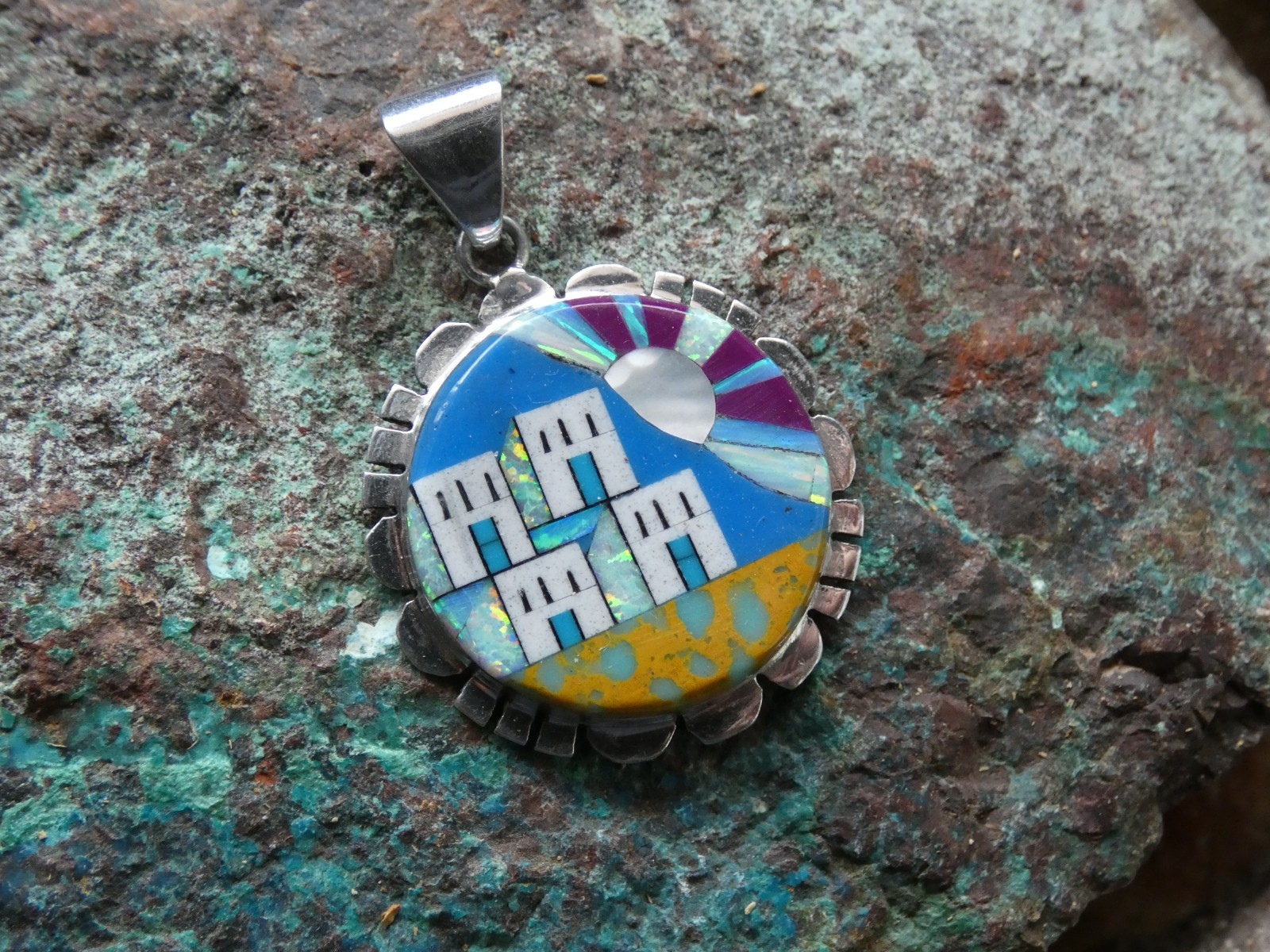 Southwestern Old Pueblo Gemstone Mix Sterling Silver Aluminum Alloy Pendant AT7
