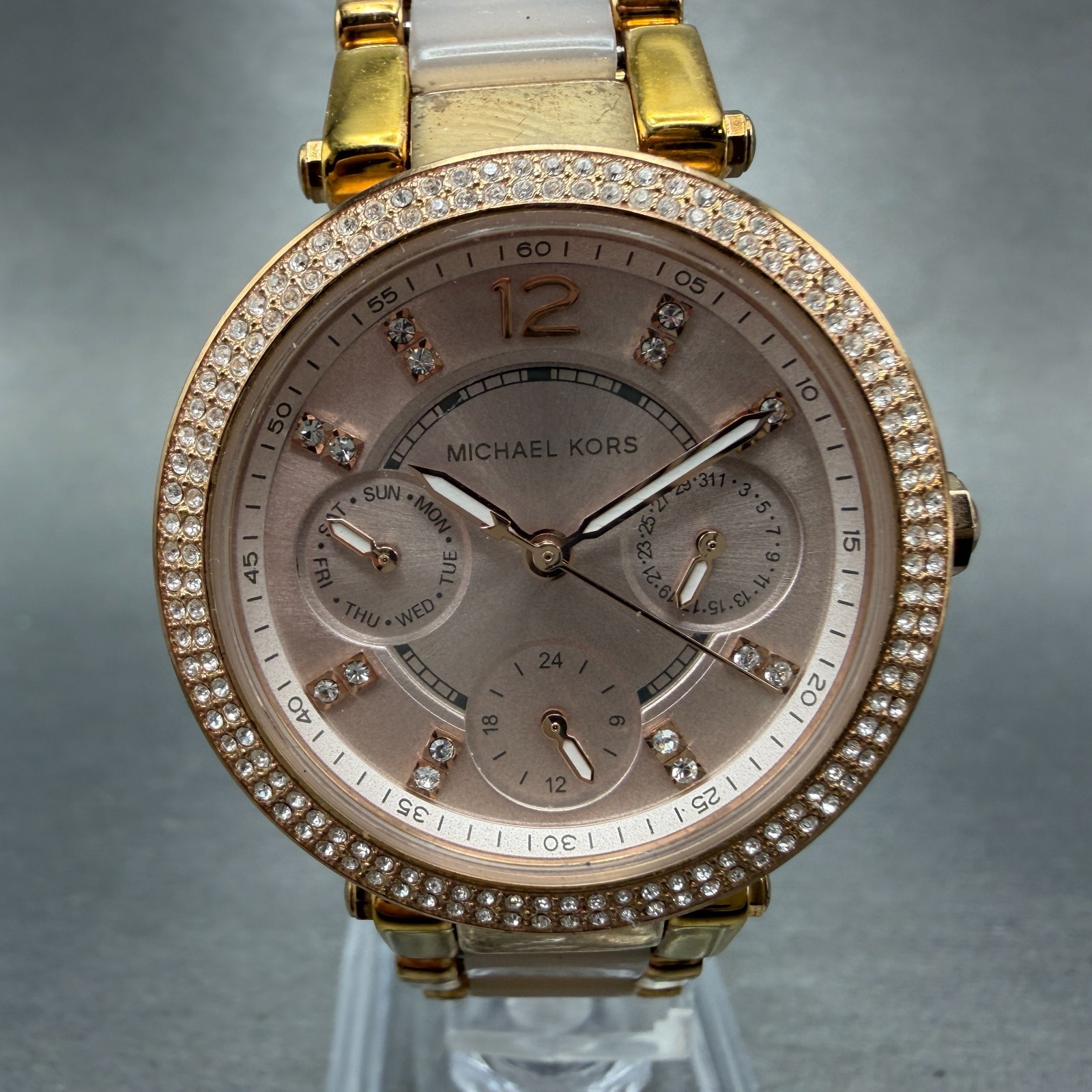 Michael Kors Parker Watch Women 33mm Pink Dial Rose Gold Tone Daydate NewBattery