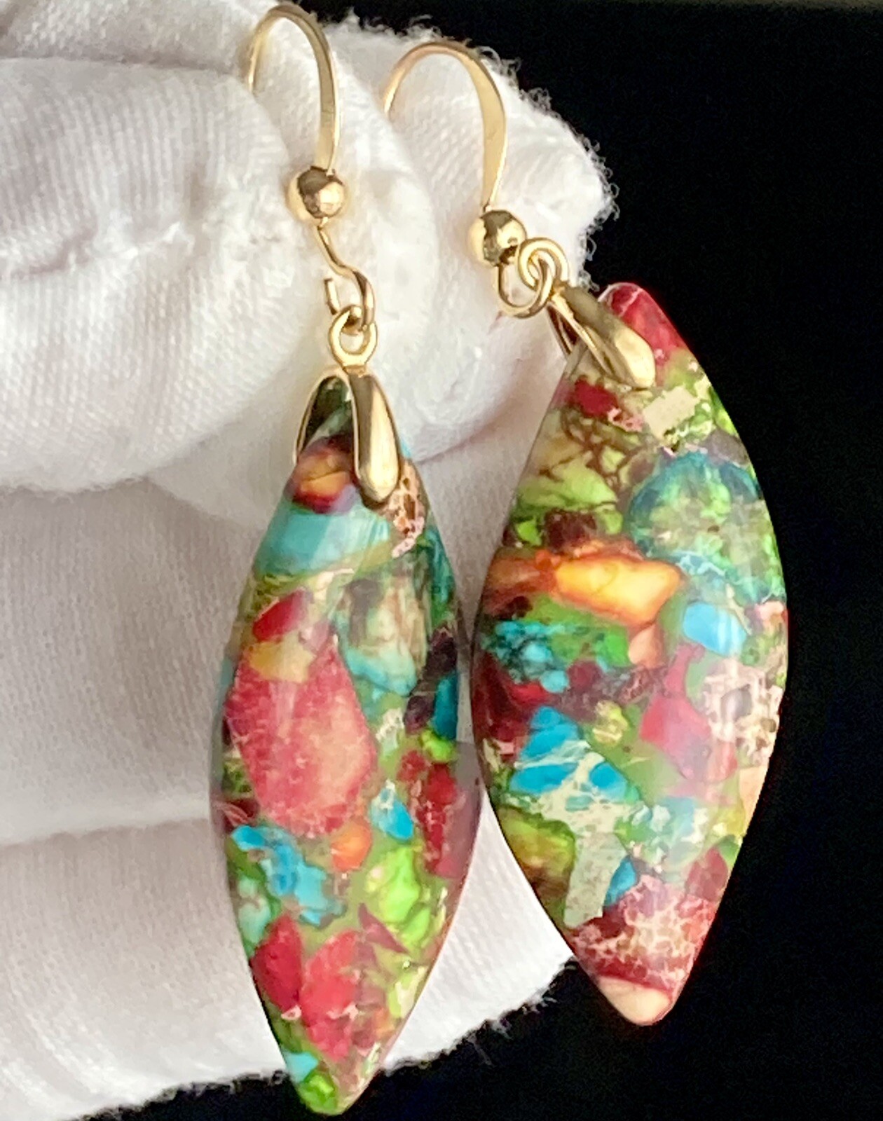 Jasper Stone Natural Imperial Leaf Dangle Drop Multicolor Earrings 7.71g Ladies