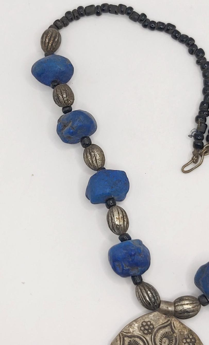 Vintage Berber Moroccan Lapis Blue Resin Bead Necklace Tribal Silver Tone Pendan