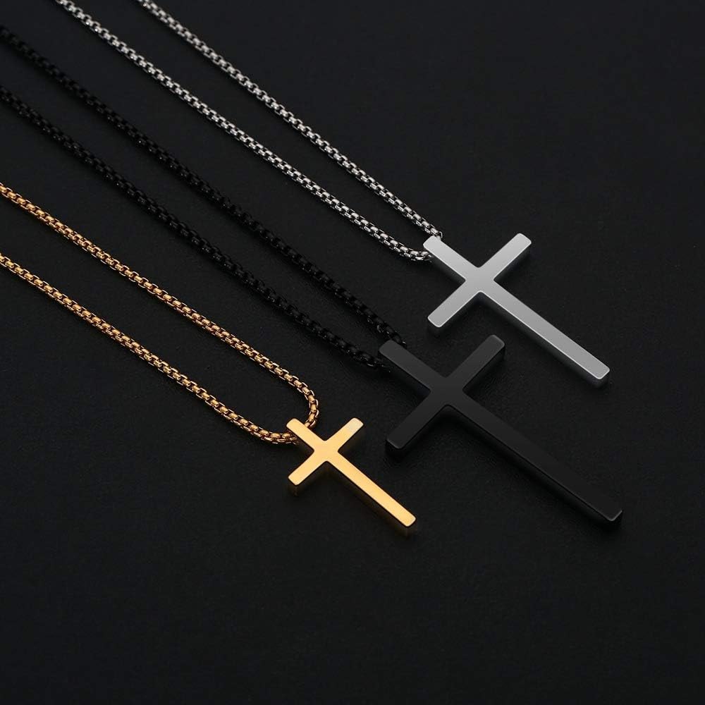 Cross Necklace for Men Teen Boys, Silver Black Gold Stainless Steel Plain Cross