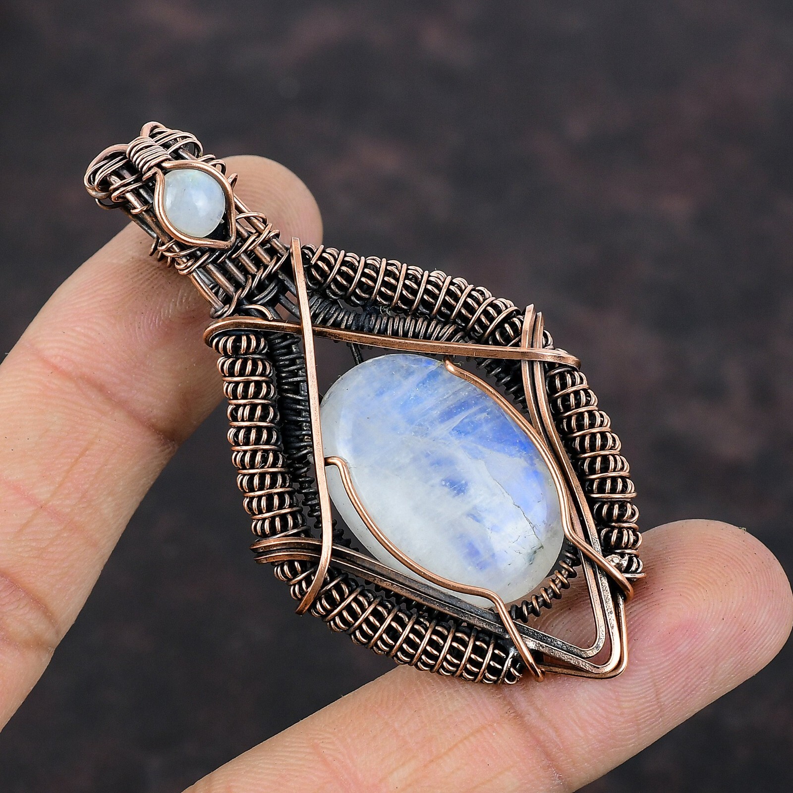 Gift For Her Rainbow Moonstone Wire Wrapped Pendant Copper Jewelry 2.76″