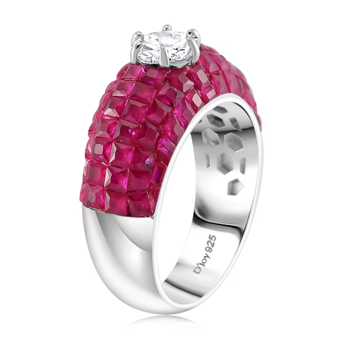 Simulated White and Ruby Color Diamond Dome Ring in Rhodium Over Sterling Sz 8