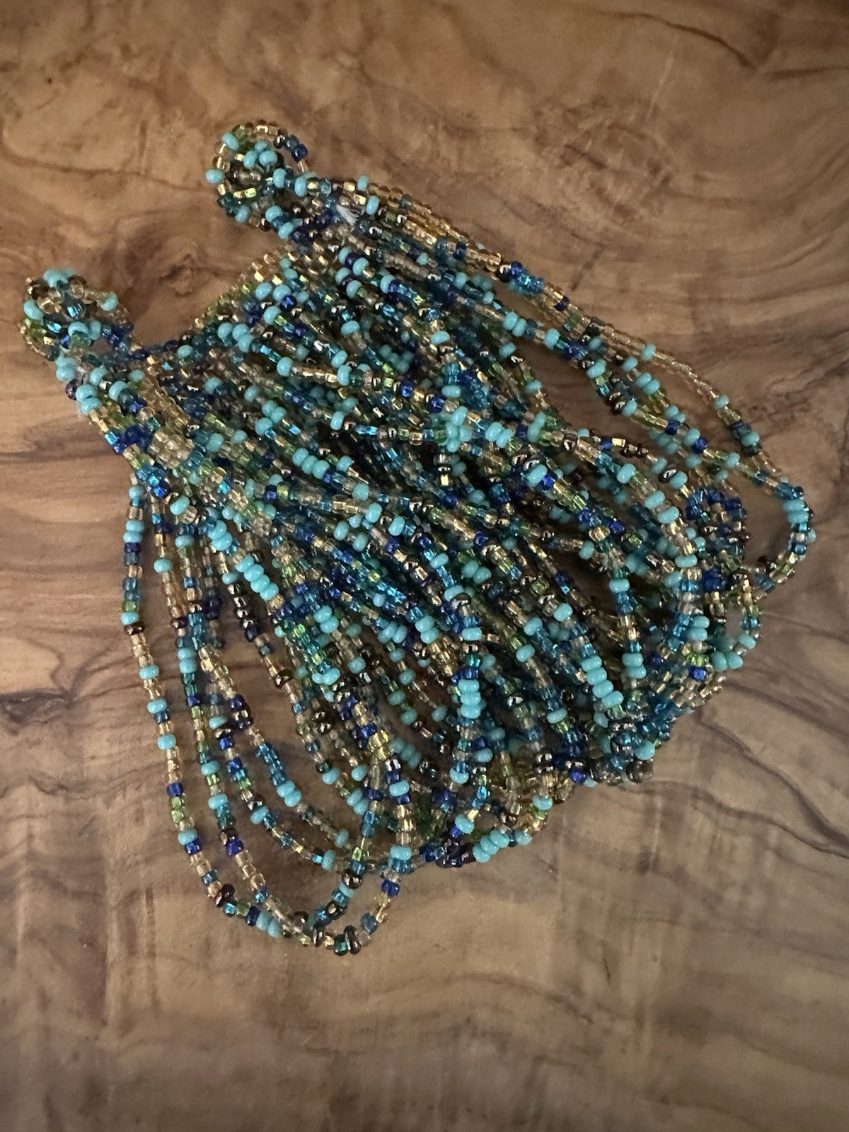 Artisan Seed Beaded 7.5 Wrap Cuff Bracelet Multi Blue Gold Double Toggle Closure