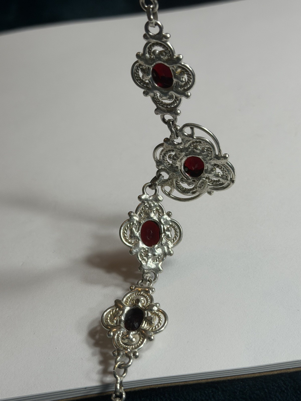Gothic Victorian Art Deco Solid Silver Garnet Handmade Panel Necklace
