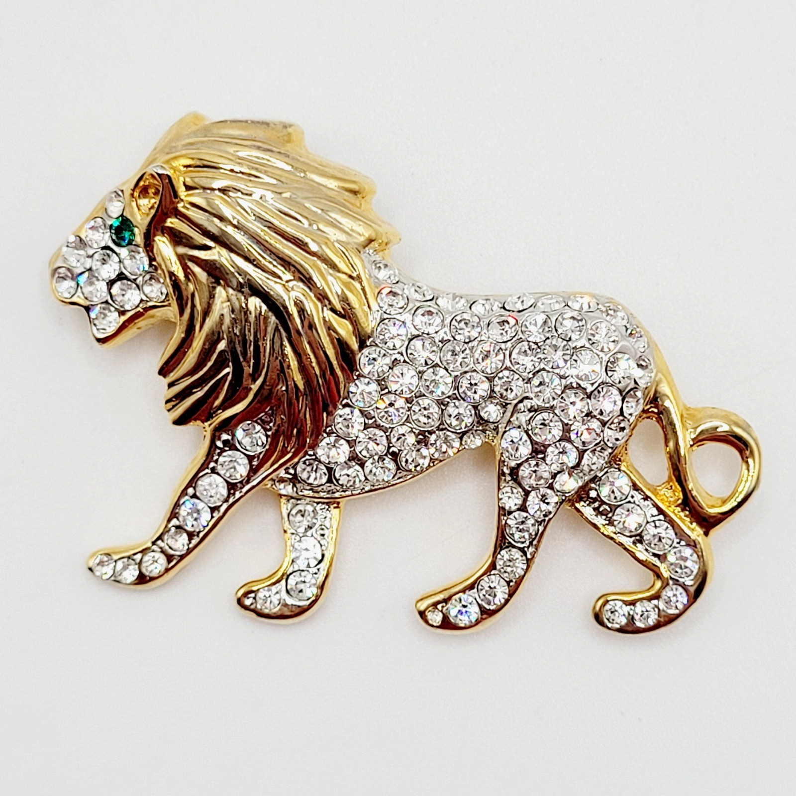 Lion Walking Curled Tail Green Eye Pave Sparkling Crystal Gold Tone Vtg Brooch