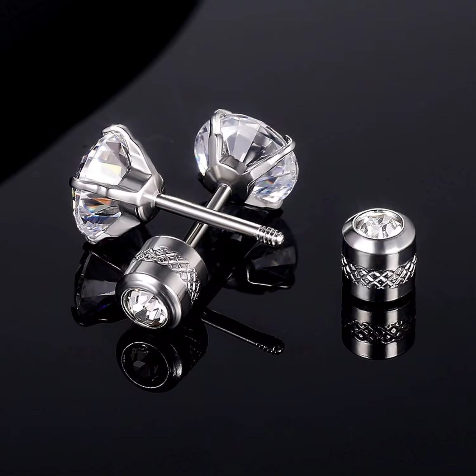 PAIR Silver Prong Set Black CZ Stud Earrings Screw Back Surgical Steel Gift A28