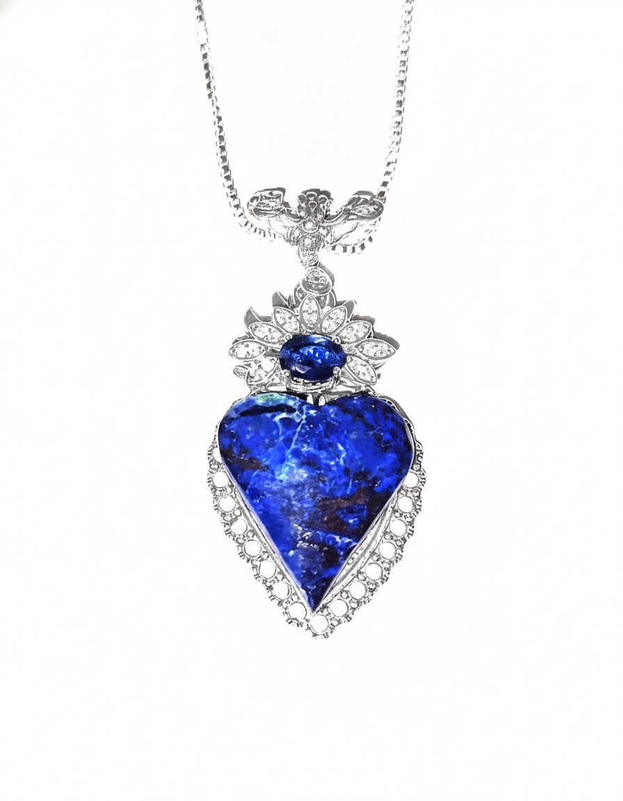 Amazing Azurite Heart Cabochon Necklace on SP Setting and Sterling chain 309