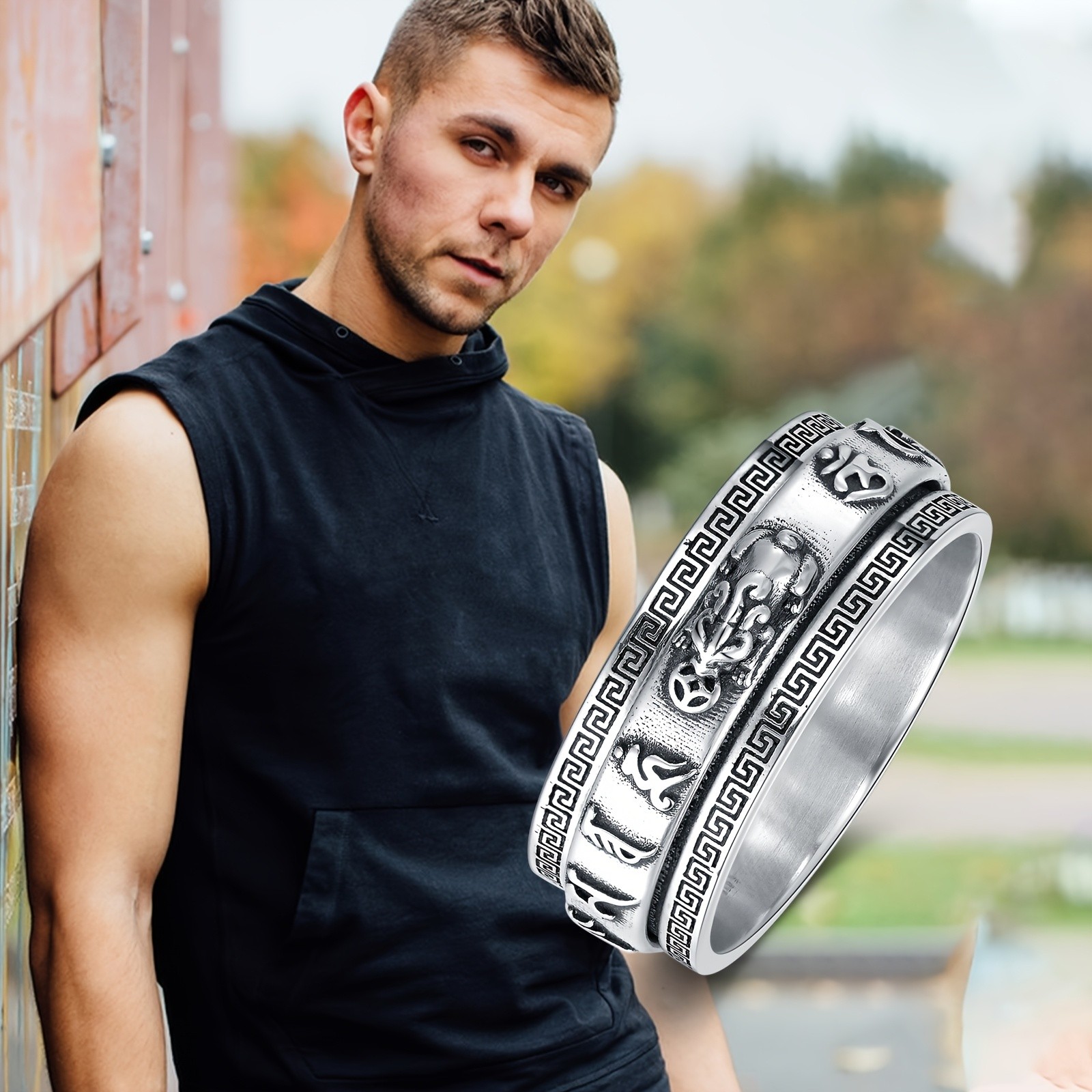 Sterling Silver Rotating Pixiu Ring With Mantra Greek Key Design Size 8 9