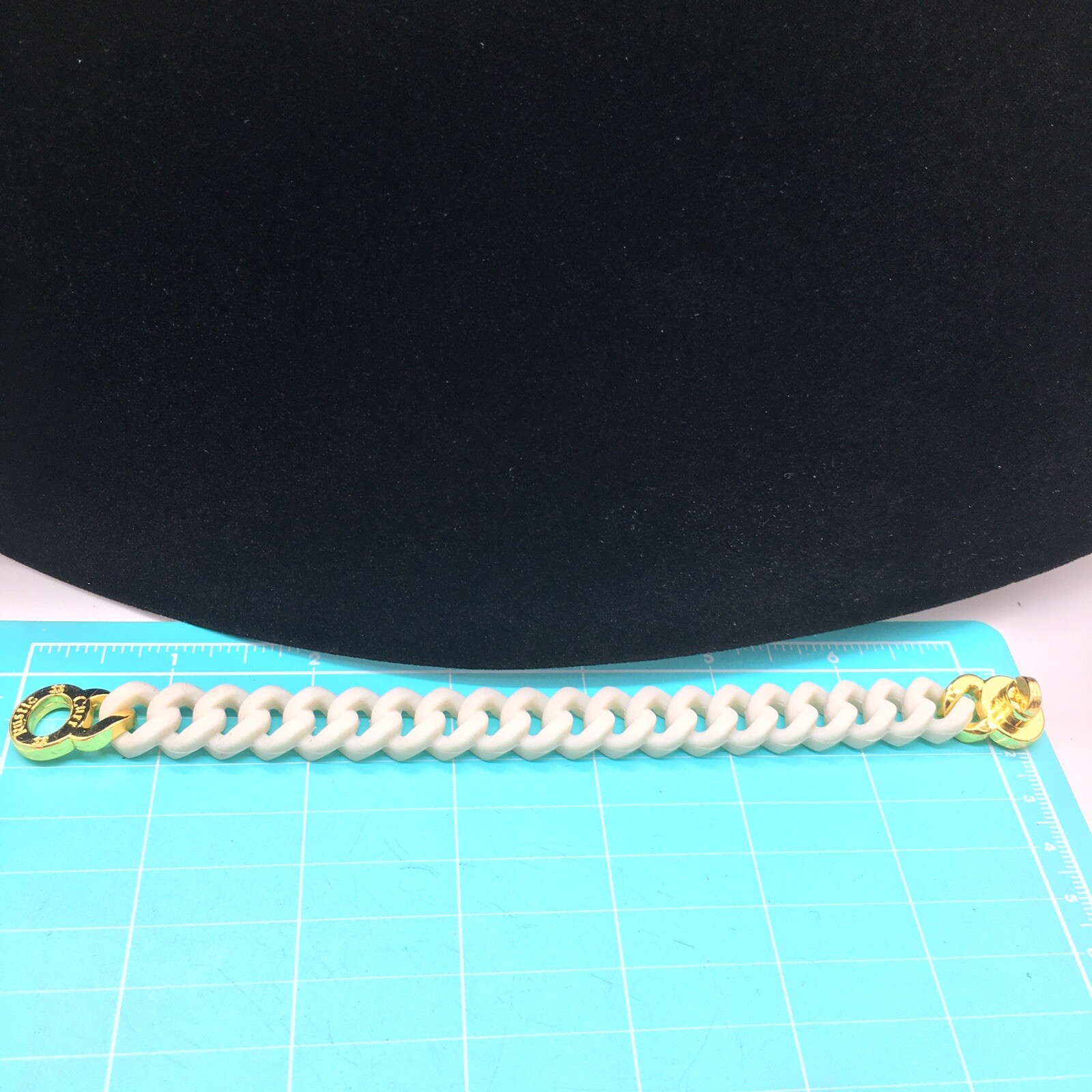Rustic Cuff White Gold Tone Logo Turn Lock Silicone Stretch Mock Chain Bracelet