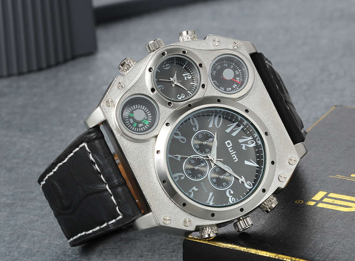 Men’s Sport Army Multi-functional 2 Time Zones Dial Leather Quartz Wrist Watch