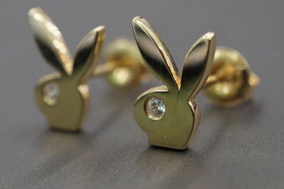 14k Yellow Gold Plated Playboy Bunny Round Real Moissanite Stud Earrings