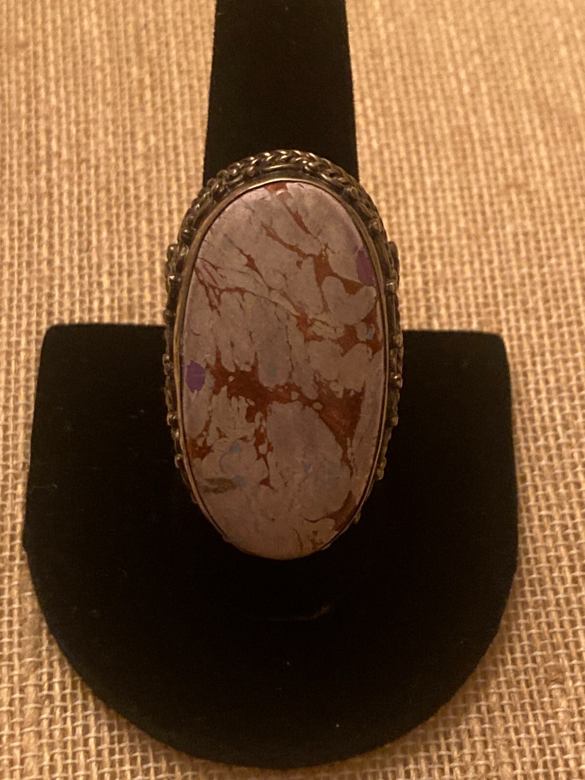 Vintage Etruscan Purple Brown Stone Ring Chunky Ornate Statement Size 9.5 READ