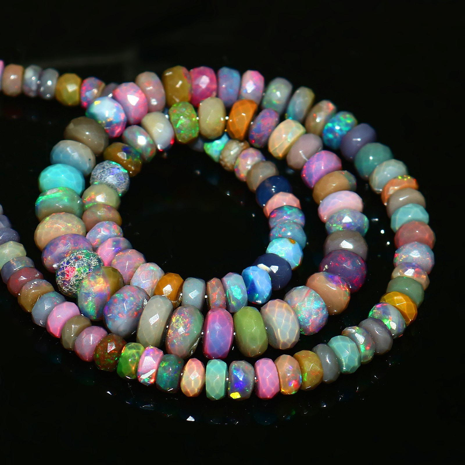 Ethiopian Welo Opal Faceted Round Bead Necklace Multi-Color Play of Fire 563