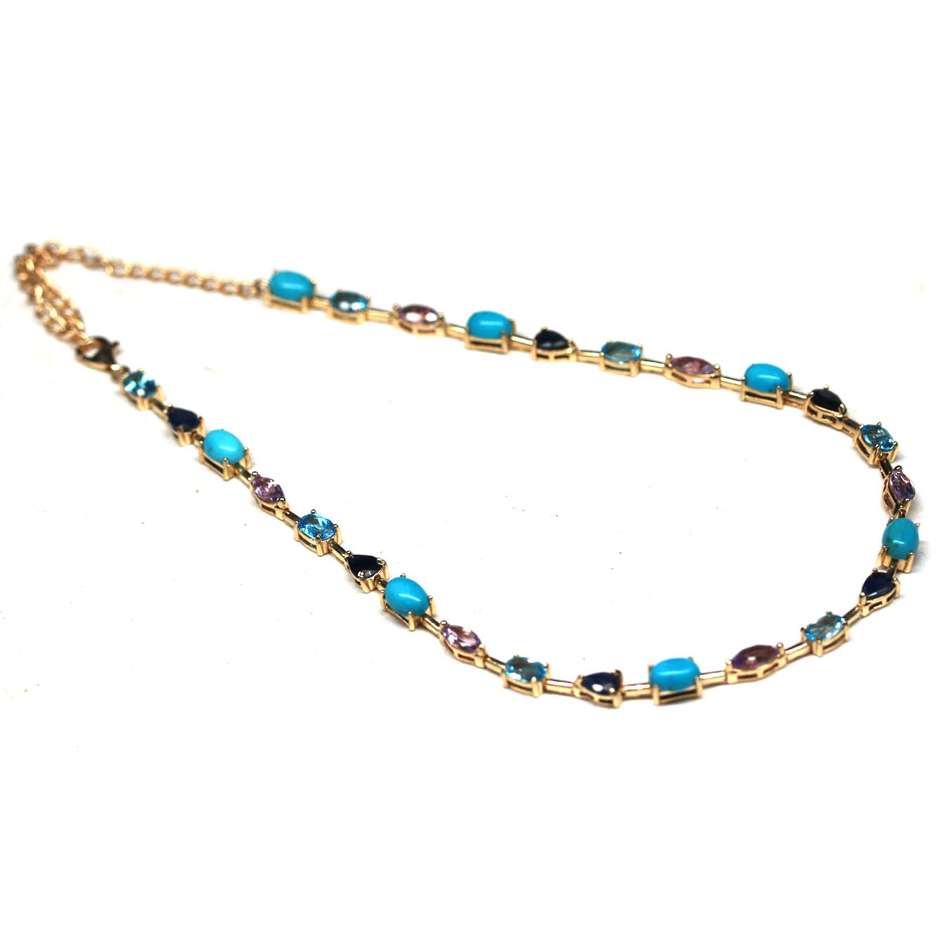 Natural Blue Turquoise Topaz Amethyst Sapphire Necklace 15 in Handmade