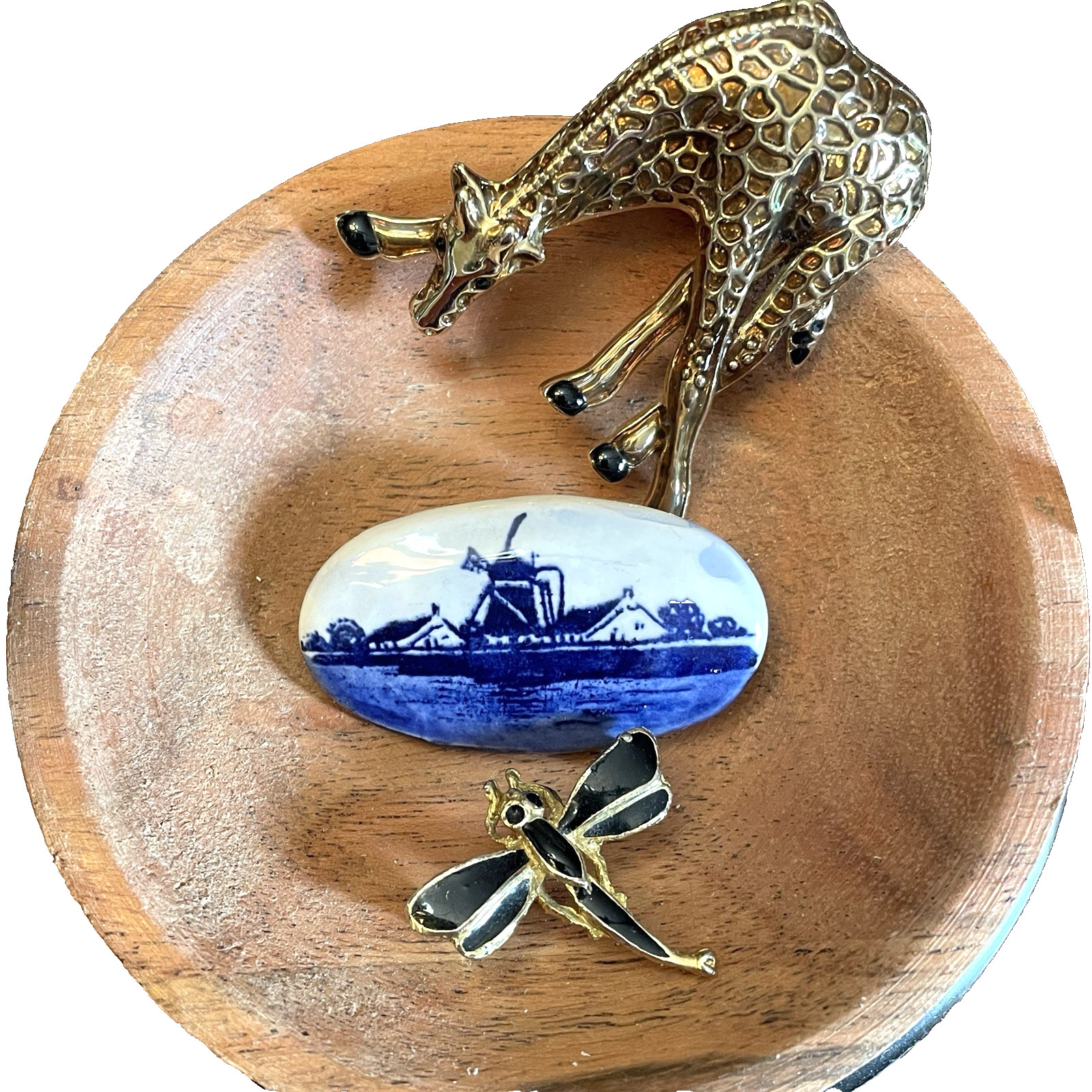 3 Vintage Brooch Pins Monet Giraffe, Dragonfly Black Enamel & Delft Windmill